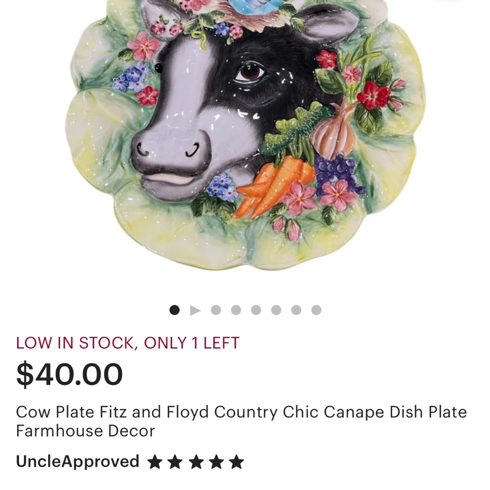 Fitz and Floyd Country Chic Handcrafted Detailed Plate with cow bird & flowers - Picture 6 of 6